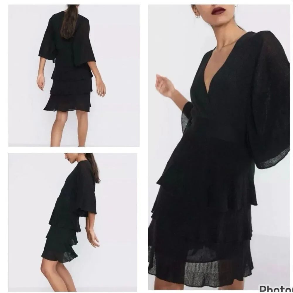 ZARA Black Metallic Cocktail Party Tier Kimono Sleeve Dresd